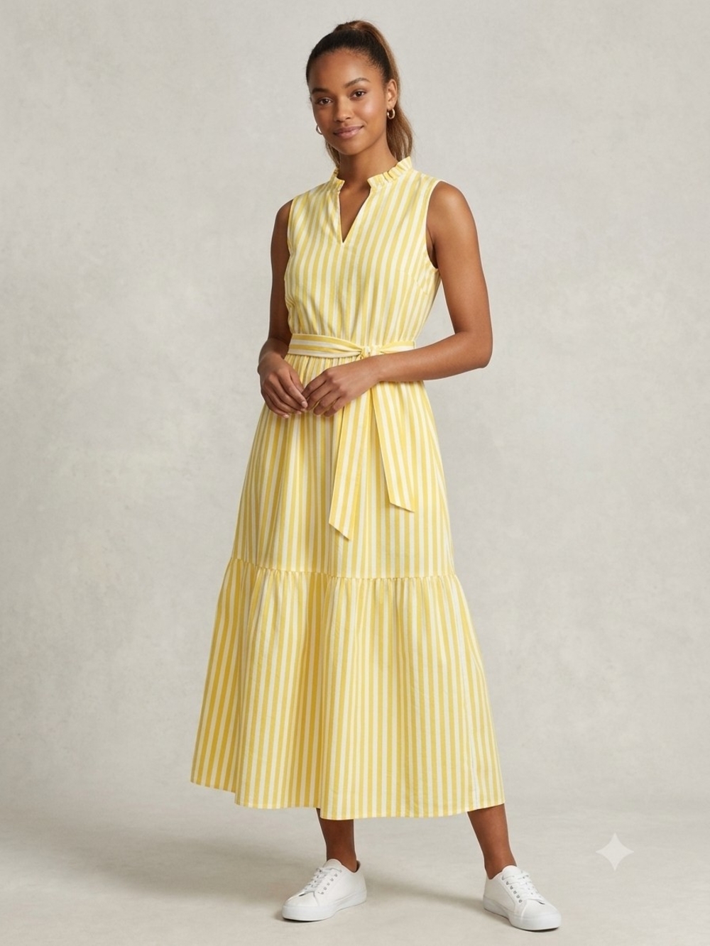 SHEIN Yellow & White Striped Sleeveless Maxi Dress with Tie Waist